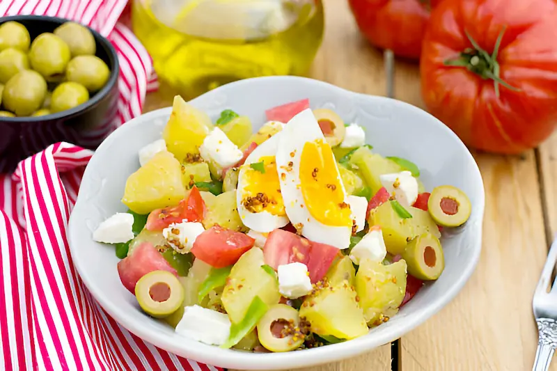 Salad with feta, boiled potatoes and olives