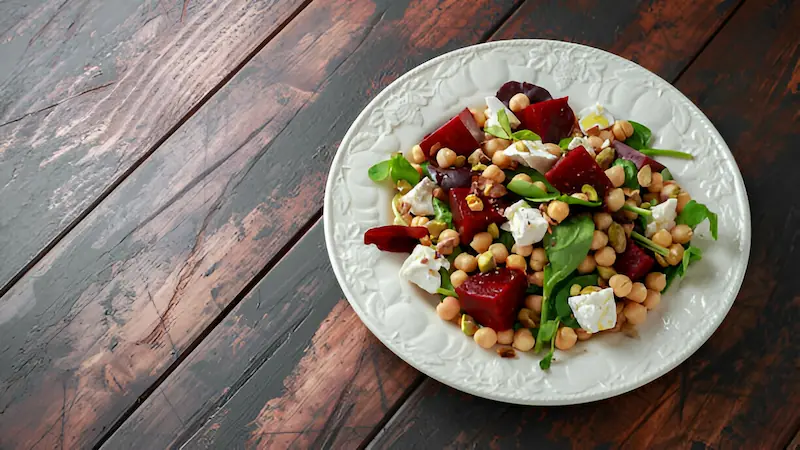 Salad with goat cheese, beets and chickpeas